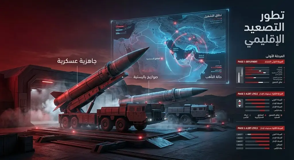 تصميم احترافي يجسد الجاهزية العسكرية والصواريخ الباليستية مع خريطة تقنية للمنطقة والخطوات التصعيدية المحتملة.