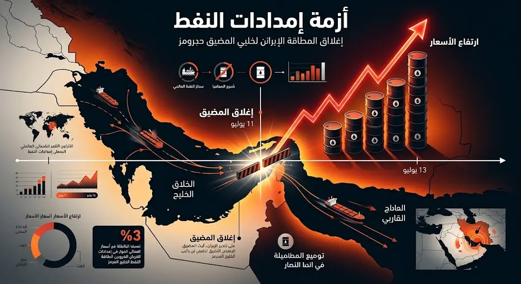 إنفوجرافيك يستعرض تسلسل إغلاق مضيق هرمز وتداعيات ذلك على أسعار النفط والطاقة العالمية