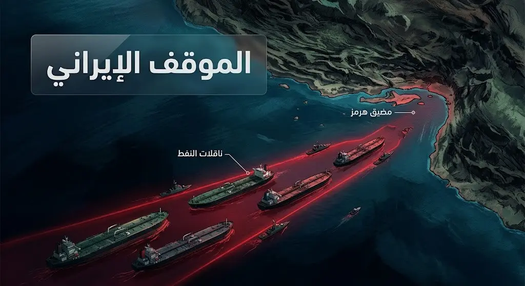رسم تعبيري يظهر ناقلات النفط تعبر مضيق هرمز تحت أجواء من التوتر العسكري، مع لوحة بيانات تلخص الموقف الإيراني تجاه الملاحة.