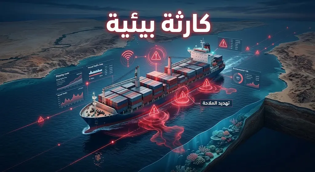 تصميم إنفوجرافيك يجسد سفينة شحن في البحر الأحمر محاطة بإشارات تحذيرية حمراء ترمز لتهديدات الملاحة والكارثة البيئية المحتملة، مع نصوص عربية توضيحية دقيقة.