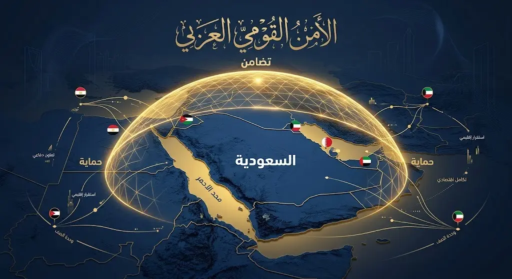 تصميم إنفوجرافيك يجسد التضامن العربي مع المملكة العربية السعودية لحماية الأمن القومي والملاحة البحرية، مع إبراز درع حماية فوق خريطة المنطقة.