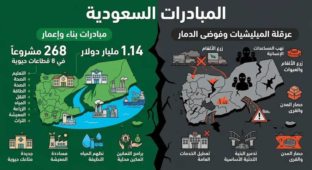 تصميم إنفوجرافيك يوضح التناقض بين حجم المبادرات السعودية التنموية في اليمن وتعنت الميليشيات الحوثية، مع إبراز أرقام المشاريع والدعم المالي بنصوص عربية واضحة.