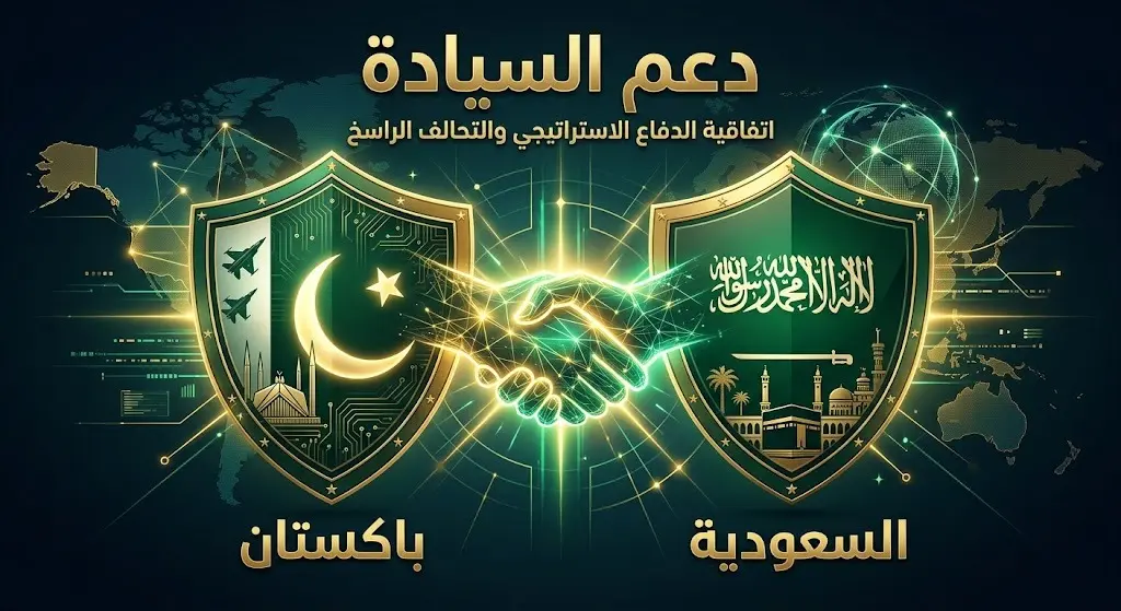 تصميم إبداعي يبرز قوة التحالف والاتفاقية الدفاعية الاستراتيجية المشتركة بين المملكة العربية السعودية وباكستان.