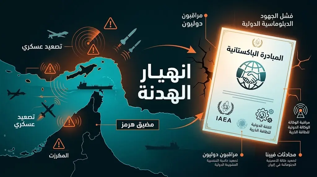 رسم تعبيري يجسد انهيار الهدنة العسكرية إثر أحداث مضيق هرمز، بالتزامن مع مساعي المبادرة الباكستانية للسلام.