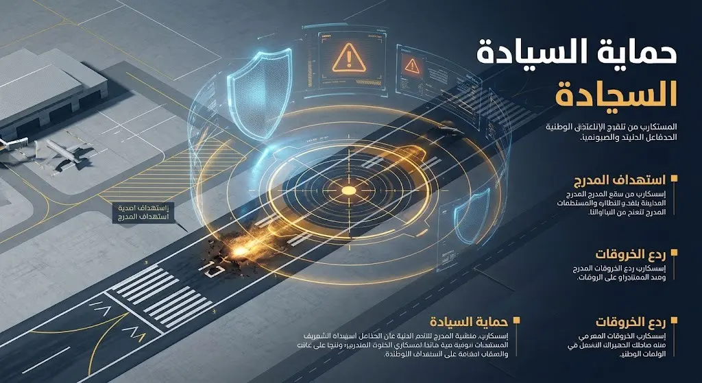 تصميم إنفوجرافيك يوضح التكتيك العسكري لاستهداف مدرج المطار لمنع هبوط الطائرات المخالفة وتأمين السيادة الوطنية.