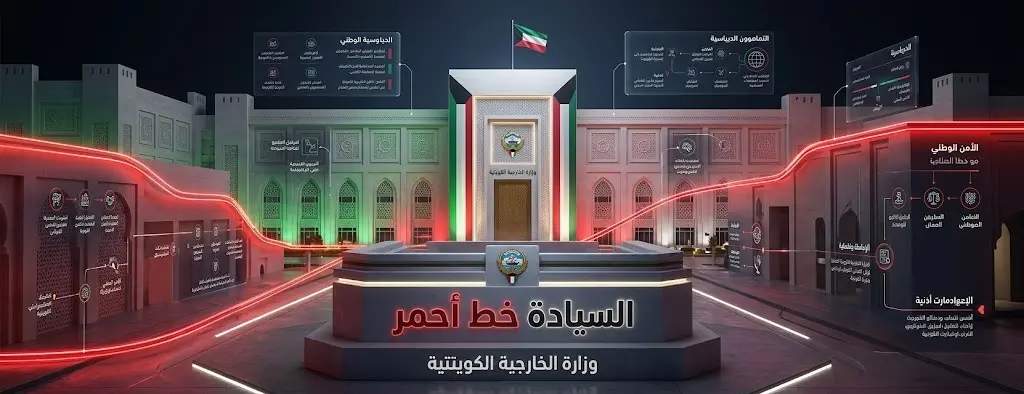 تصميم تعبيري يدمج بين الدبلوماسية والسيادة، يبرز شعار وزارة الخارجية الكويتية مع خط أحمر مضيء يرمز لحماية أمن البلاد.