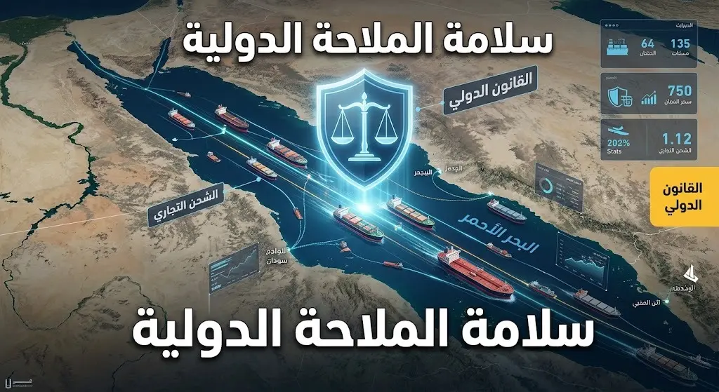 خريطة بصرية تبرز الممر الملاحي في البحر الأحمر وتؤكد على أهمية القوانين الدولية في حماية السفن التجارية.