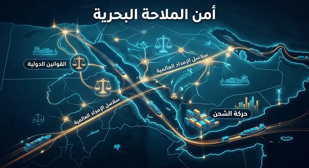 تصميم تعبيري يعرض خريطة الملاحة في البحر الأحمر وتأثير الحوادث الأمنية على سلاسل الإمداد العالمية والقوانين الدولية.