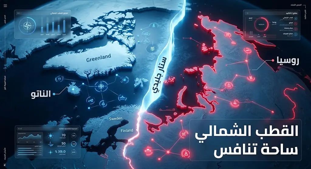 إنفوجرافيك يوضح التنافس الجيوسياسي وتصاعد التوترات بين حلف الناتو وروسيا في منطقة القطب الشمالي مع التركيز على مفهوم الستار الجليدي.