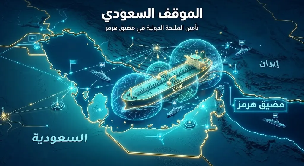 خريطة معلوماتية ثلاثية الأبعاد توضح مضيق هرمز ومسار السفينة السعودية وديان مع رموز تعبر عن حماية الملاحة البحرية