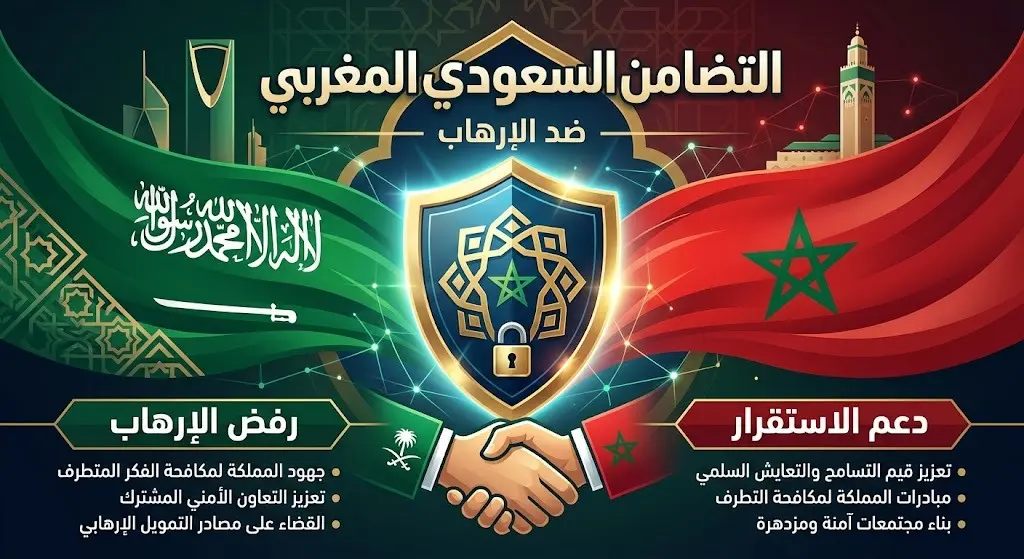 إنفوجرافيك يجسد الموقف السعودي المتضامن مع المغرب في رفض الإرهاب ودعم الاستقرار.
