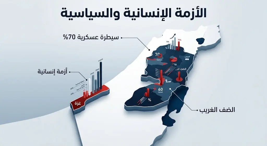 إنفوجرافيك يوضح الأوضاع الإنسانية والسياسية المعقدة ونسبة السيطرة العسكرية الإسرائيلية.