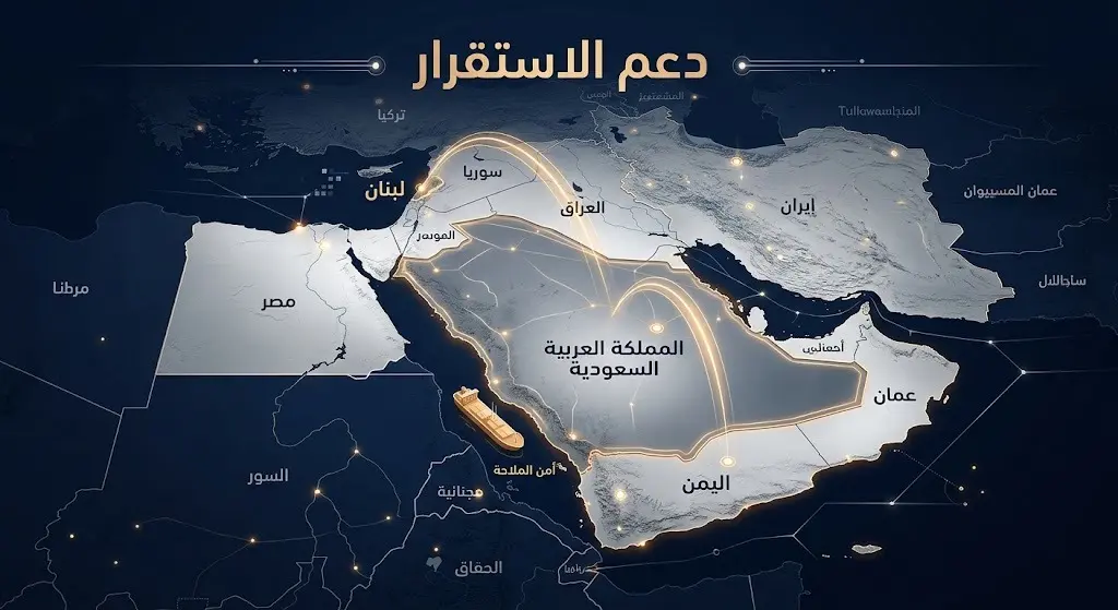 خريطة جيوسياسية تعبيرية توضح الروابط الدبلوماسية ودور السعودية في دعم استقرار لبنان واليمن، مع إشارة لجهود تأمين الملاحة البحرية.
