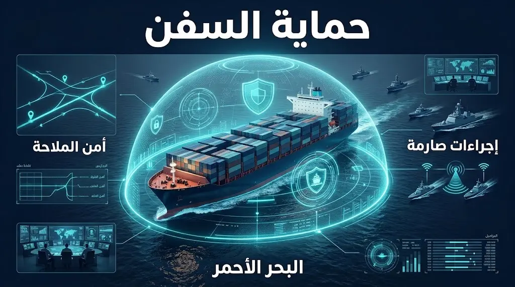 تصميم مرئي يعبر عن الإجراءات الصارمة المتخذة لحماية السفن التجارية وتأمين الملاحة الدولية في البحر الأحمر.