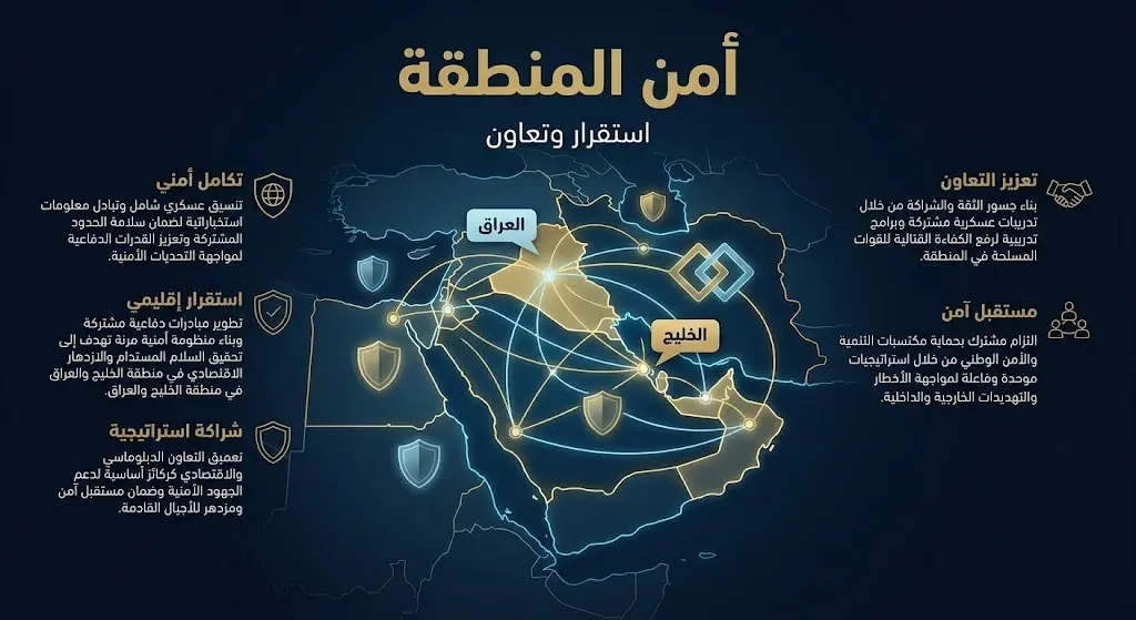 تصميم إنفوجرافيك عصري يجسد الترابط الأمني بين العراق ودول الخليج عبر شبكة مضيئة ورموز تعبر عن الحماية والاستقرار الإقليمي.