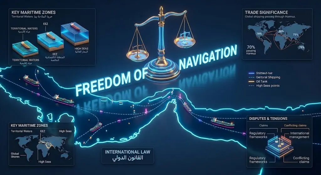 تصميم بصري يوضح الموقف القانوني وحرية الملاحة في مضيق هرمز مع ميزان العدالة.