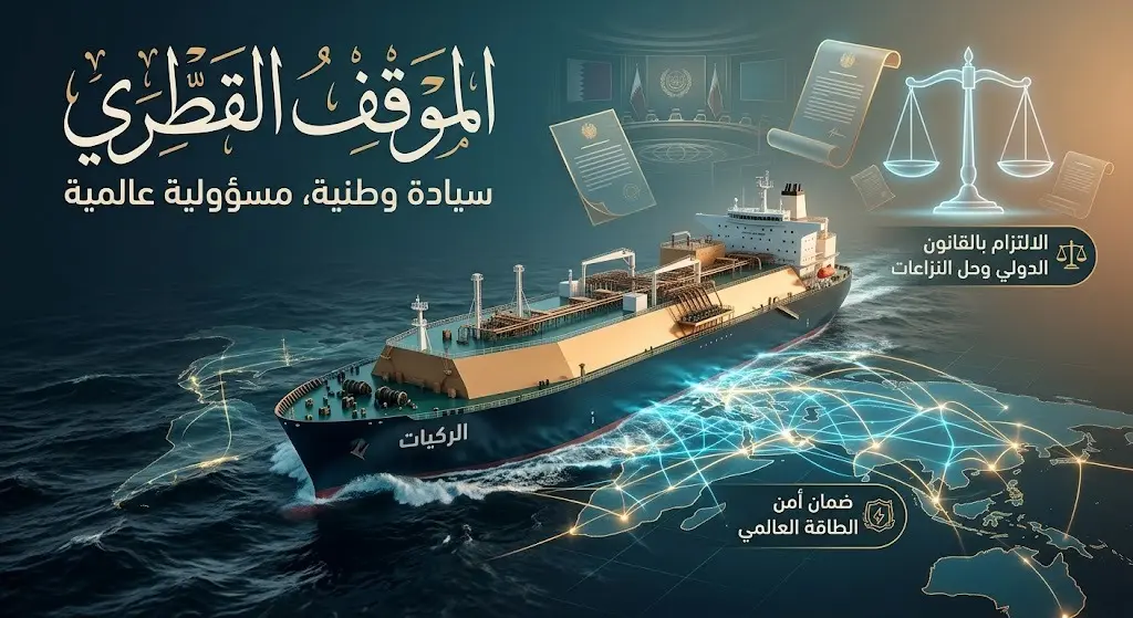 تصميم بصري يظهر ناقلة الغاز القطرية الركيات وسط شبكة إمدادات الطاقة العالمية مع إبراز الجهود الدبلوماسية لحماية الملاحة