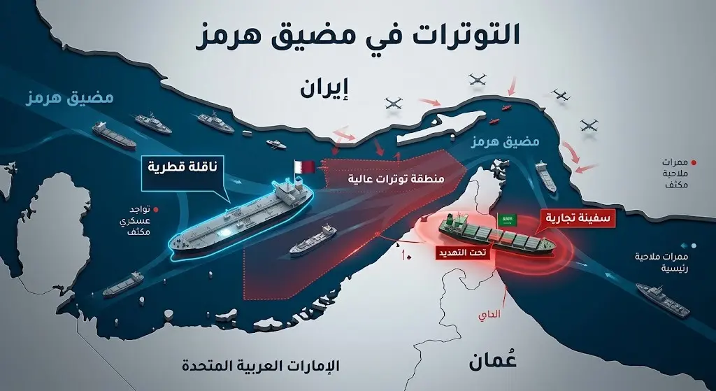 خريطة إنفوجرافيك توضح مضيق هرمز ومواقع استهداف السفن التجارية وسط تصاعد التوترات العسكرية.
