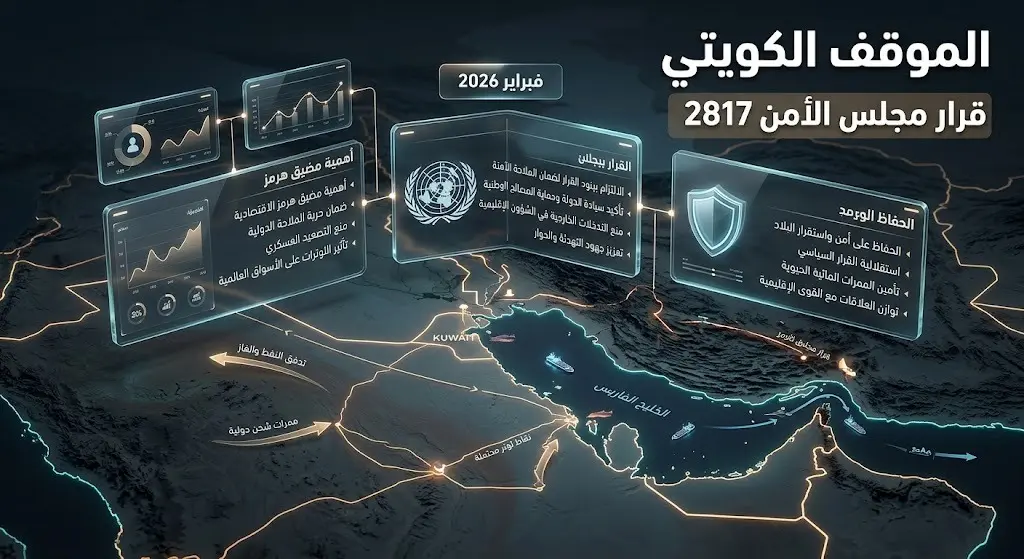 إنفوجرافيك ذو تصميم حديث وعالي الجودة يبرز الموقف الكويتي الحازم مستنداً إلى قرارات مجلس الأمن والقانون الدولي.