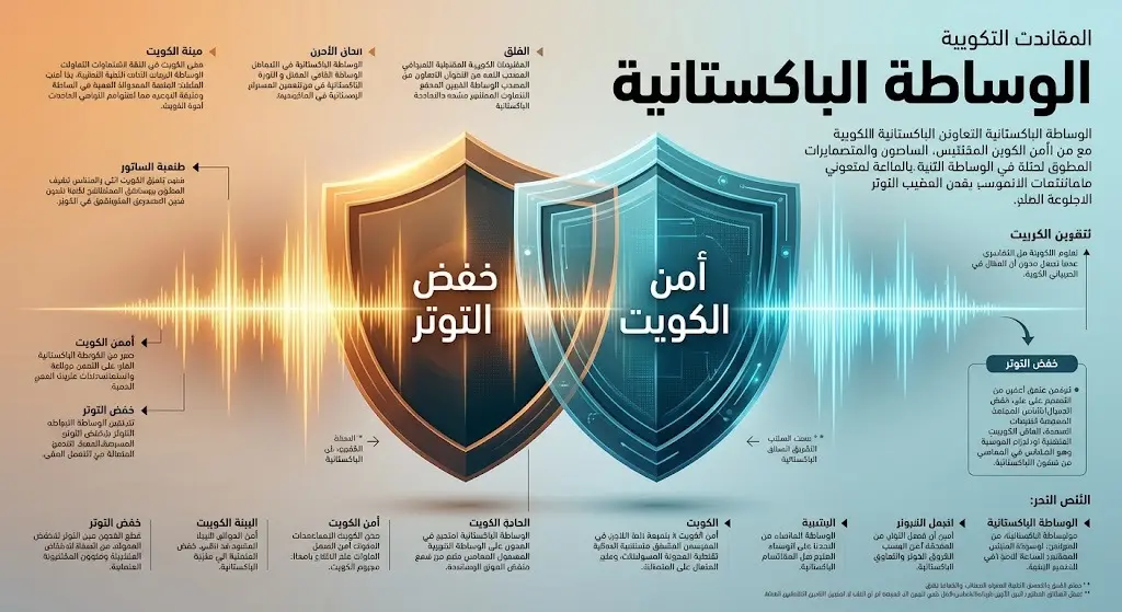 تصميم احترافي يبرز الموقف الكويتي المُرحّب بالوساطة الباكستانية لخفض التوتر وحماية الأمن الإقليمي.