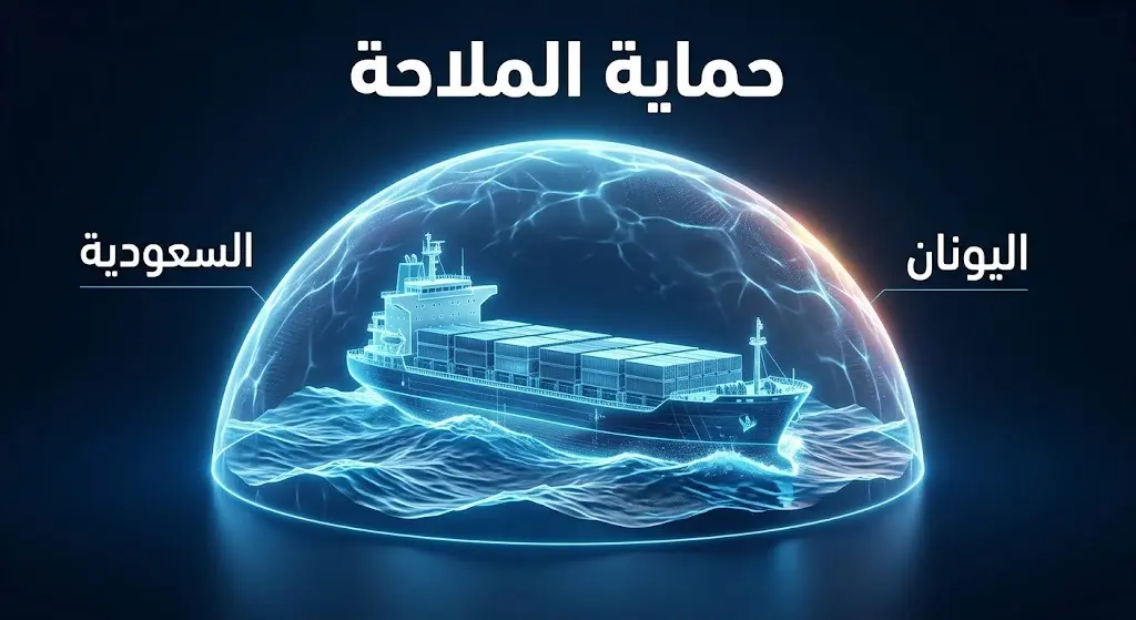 تصميم بصري احترافي يظهر سفينة شحن تجارية محمية بقبة رقمية مضيئة، مع تسميات تشير إلى السعودية واليونان وعنوان 'حماية الملاحة'