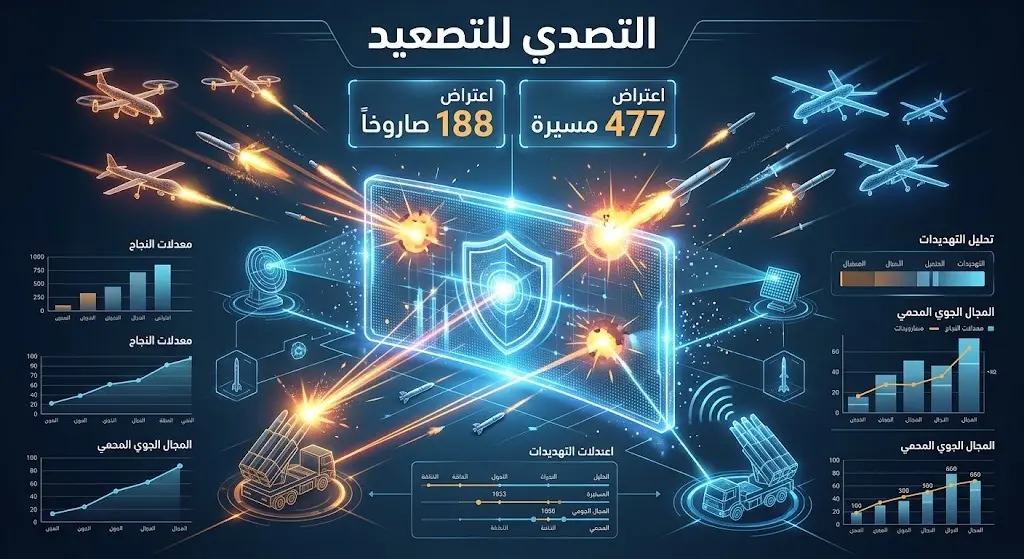 إنفوجرافيك بياني متطور يوضح إحصائيات اعتراض الصواريخ والطائرات المسيرة بنجاح مع نصوص عربية واضحة.