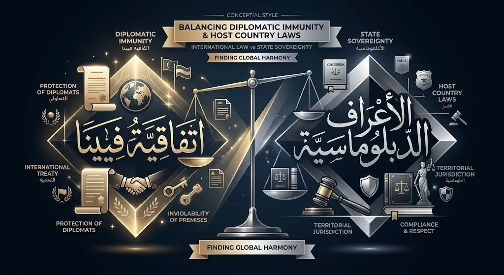 تصميم مرئي يعبر عن اتفاقية فيينا للعلاقات الدبلوماسية والموازنة بين الحصانة الدبلوماسية واحترام سيادة وقوانين الدولة المضيفة.