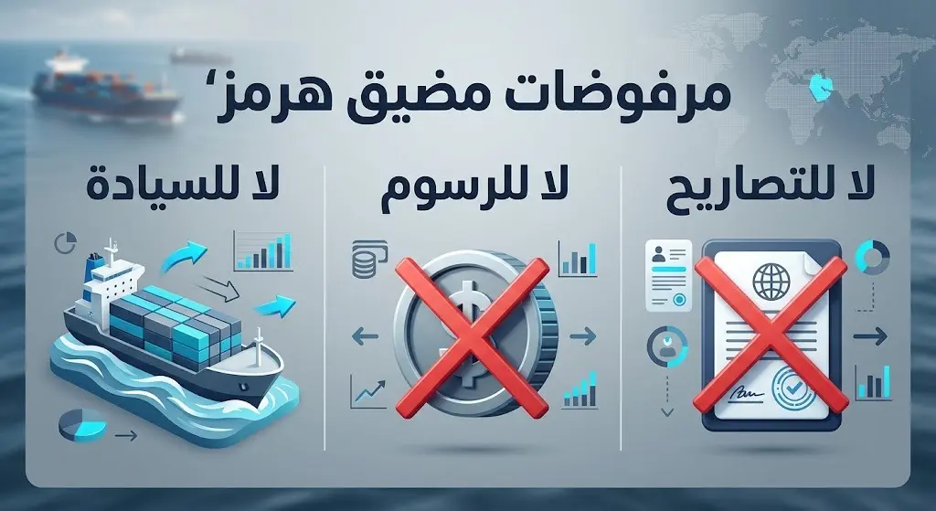 تصميم إنفوجرافيك يستعرض النقاط المرفوضة دولياً في مضيق هرمز، كادعاءات السيادة وفرض الرسوم والتصاريح.