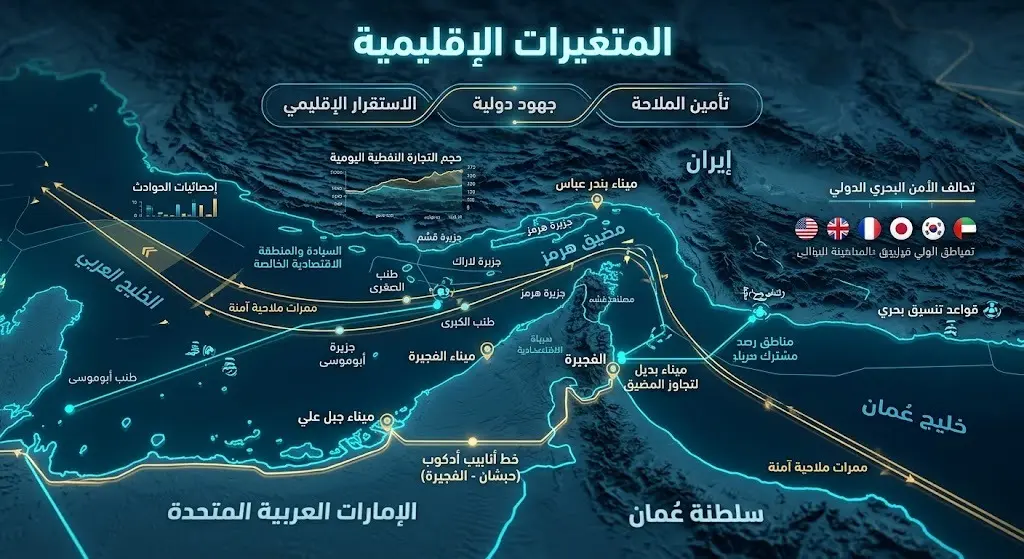 تصميم بصري يستعرض التعاون الدولي والمساعي الدبلوماسية لتأمين حرية الملاحة في مضيق هرمز في ظل المتغيرات الإقليمية.