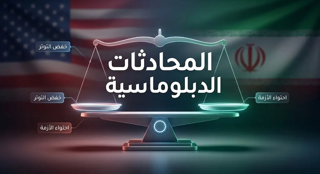 تصميم تعبيري يجسد الجهود الدبلوماسية لاحتواء الأزمة والموقف من المحادثات الأمريكية الإيرانية