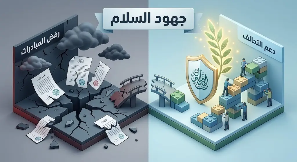 إنفوجرافيك يوضح التباين بين جهود السلام ودعم التحالف من جهة، والتعنت ورفض المبادرات من جهة أخرى