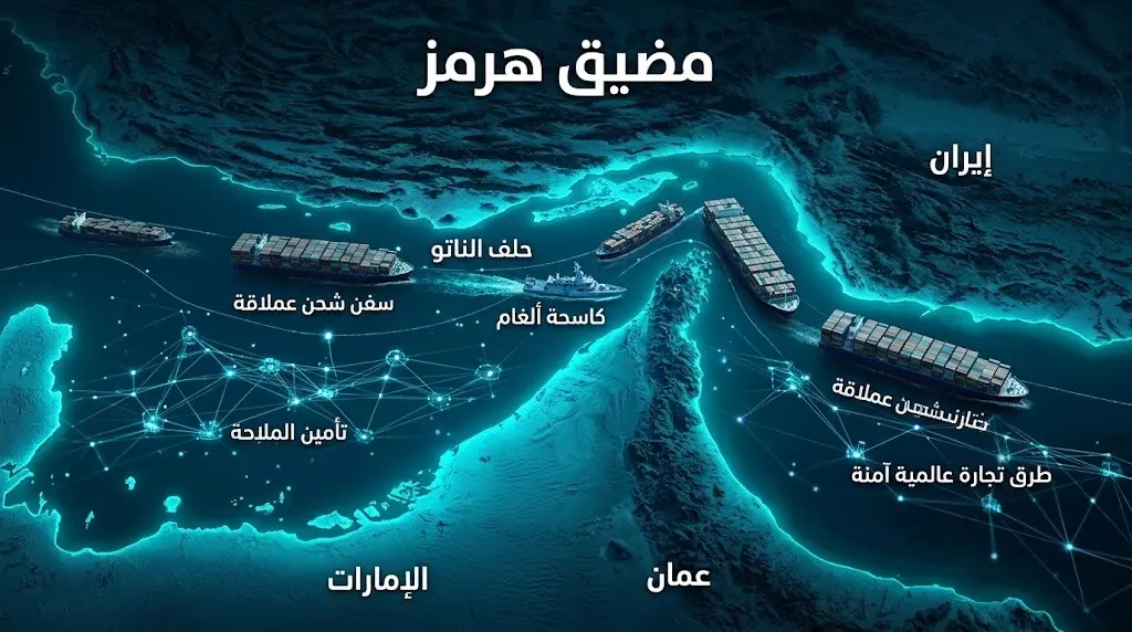 تصميم بصري يوضح مضيق هرمز وتأمين خطوط الملاحة البحرية بواسطة قوات الناتو لضمان تدفق التجارة العالمية.