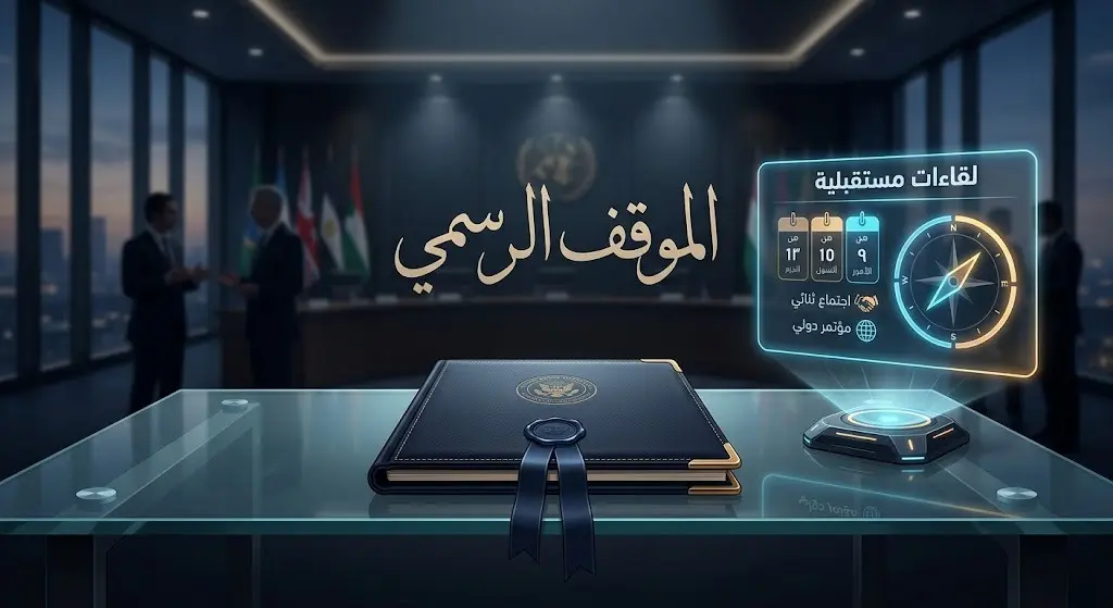صورة تعبيرية لملف دبلوماسي مغلق وبجواره تقويم أو بوصلة تشير للمستقبل، تعبيراً عن الموقف الرسمي وتأجيل أو جدولة اللقاءات المستقبلية.