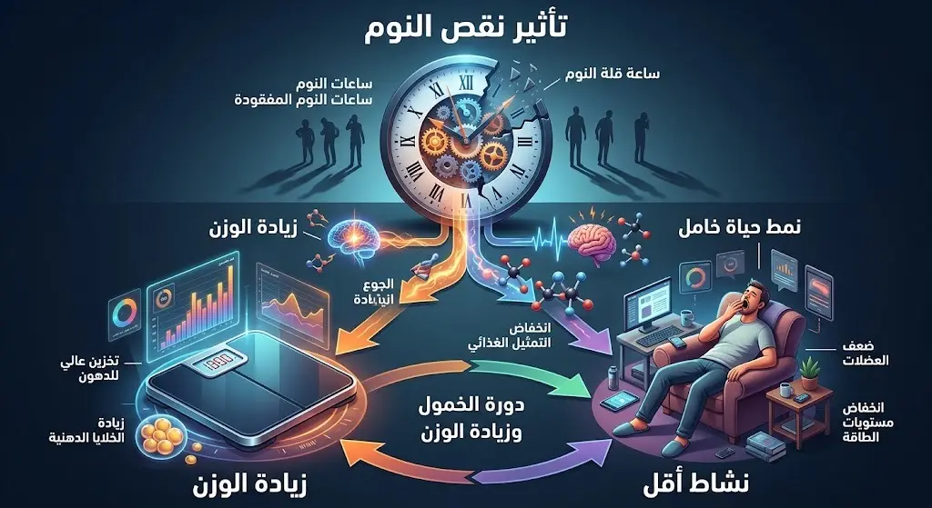 إنفوجرافيك يوضح العلاقة بين تقليص ساعات النوم واكتساب الوزن الإضافي مع تراجع النشاط البدني.