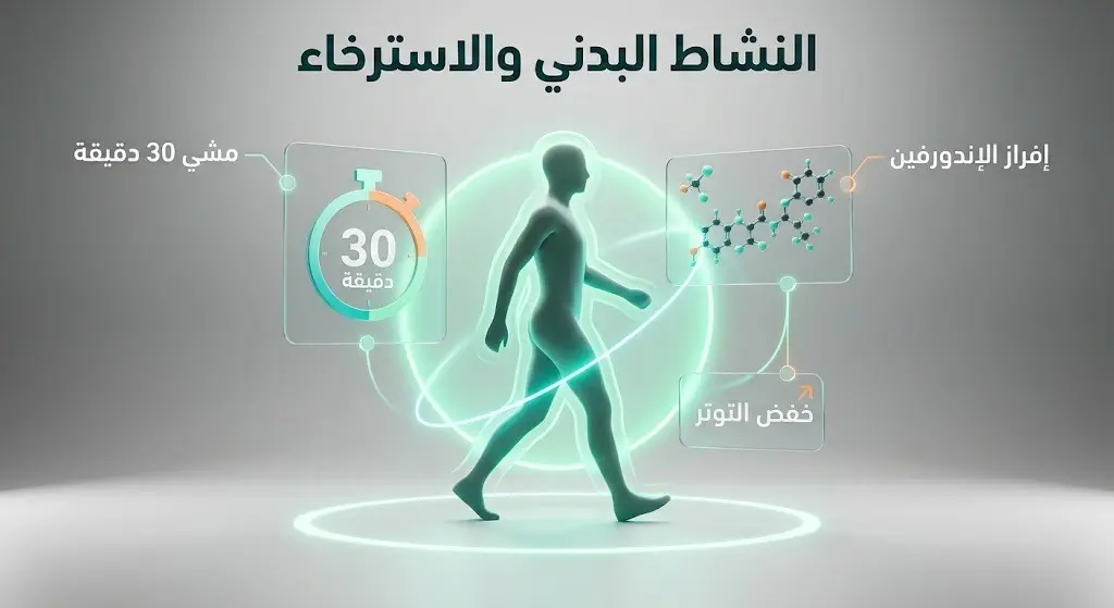تصميم معلوماتي يبرز أثر المشي لمدة 30 دقيقة يومياً في إفراز الإندورفين وتخفيف مستويات التوتر.