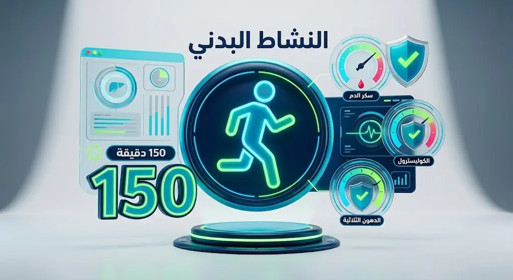 تصميم بصري يبرز أهمية ممارسة الرياضة لمدة 150 دقيقة أسبوعياً مع مؤشرات طبية لضبط سكر الدم والكوليسترول للحفاظ على صحة الكبد.
