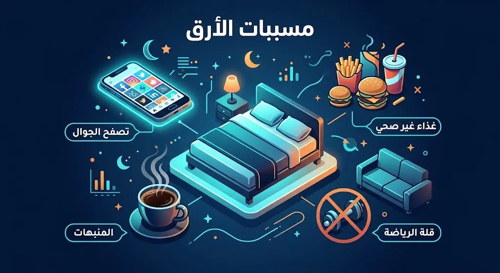 إنفوجرافيك يوضح تأثير قلة الحركة وسوء التغذية وإدمان الهواتف على الإصابة بالأرق وتدني جودة النوم.