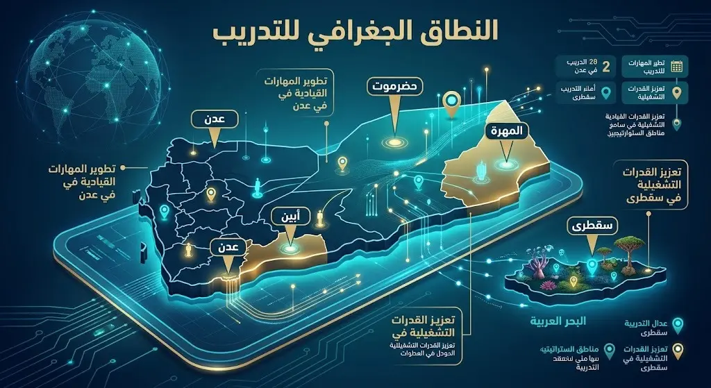 خريطة إنفوجرافيك توضح المحافظات اليمنية الخمس المستفيدة من مشروع التمكين الرقمي للمعلم.