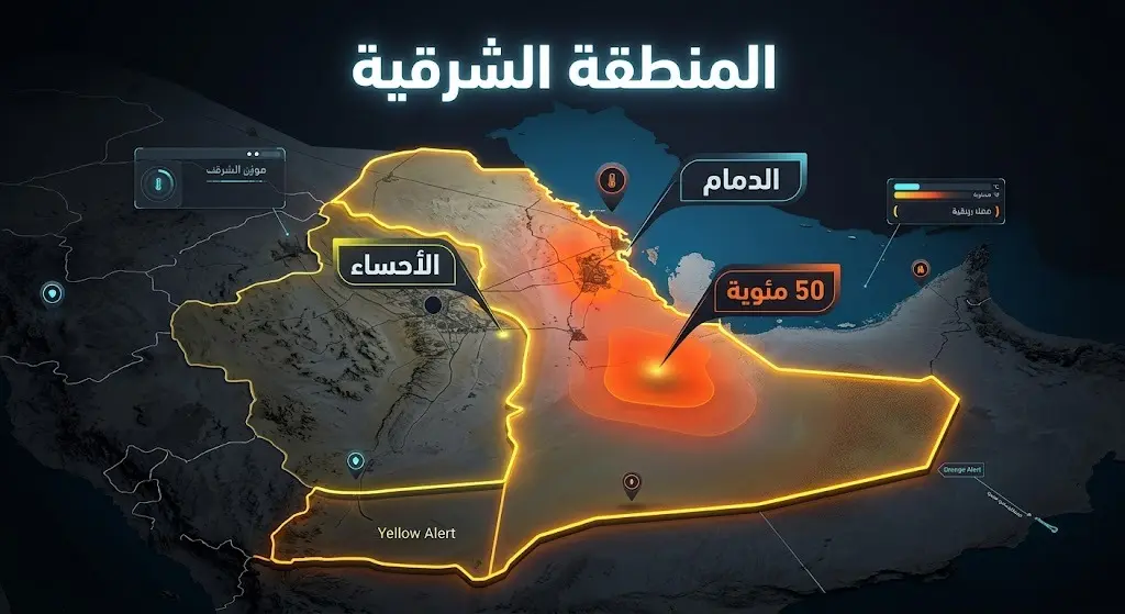 خريطة جغرافية ثلاثية الأبعاد تستعرض مدن المنطقة الشرقية المشمولة بالإنذارين الأصفر والبرتقالي للموجة الحارة التي قد تلامس 50 درجة مئوية.