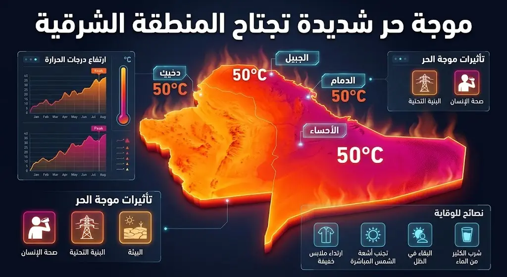 إنفوجرافيك حراري يوضح النطاق الجغرافي للموجة الحارة في مدن المنطقة الشرقية