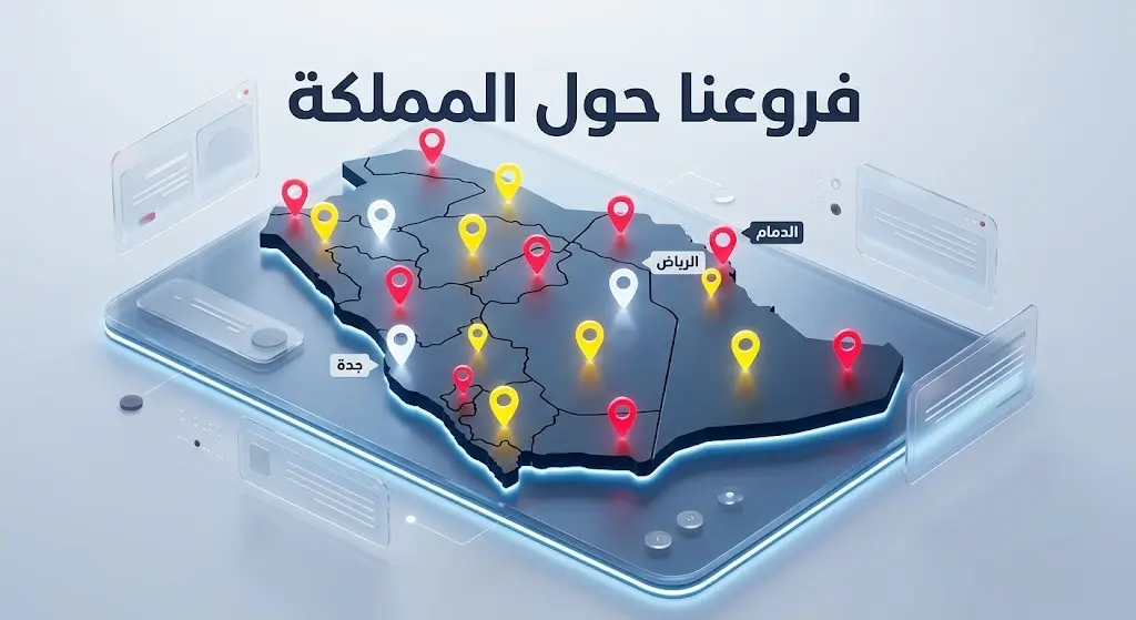 تصميم بياني يضم خريطة المملكة العربية السعودية مع دبابيس مواقع مضيئة تشير لانتشار الوظائف المتاحة في مختلف المدن.
