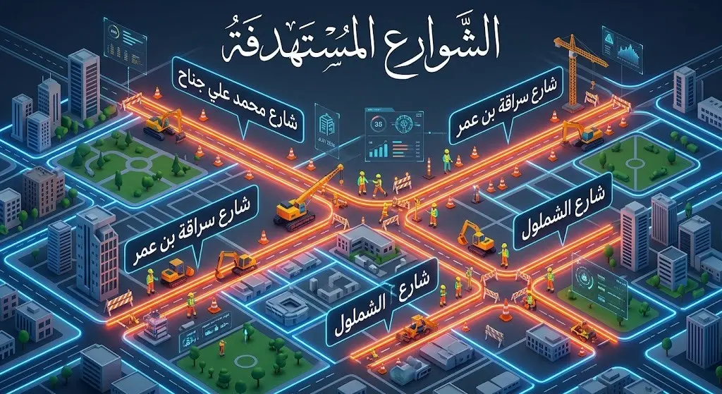 خريطة إنفوجرافيك توضح الشوارع الأربعة المستهدفة بالصيانة في حي الشهداء: محمد علي جناح، سراقة بن عمر، خالد بن الوليد، والشملول