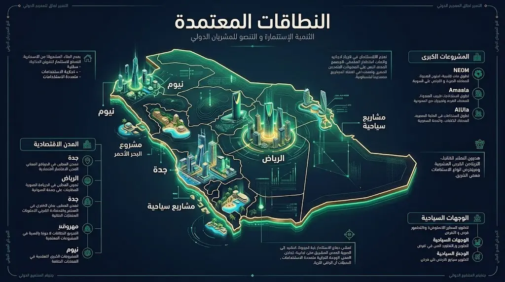 إنفوجرافيك ثلاثي الأبعاد يوضح النطاقات الجغرافية والمشاريع المعتمدة لتملك غير السعوديين للعقار في المملكة.