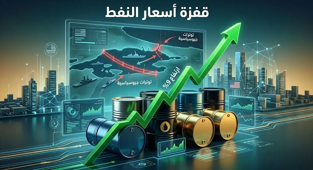تصميم تعبيري يظهر قفزة أسعار النفط العالمية وارتباطها بالتصعيد العسكري والتوترات الجيوسياسية