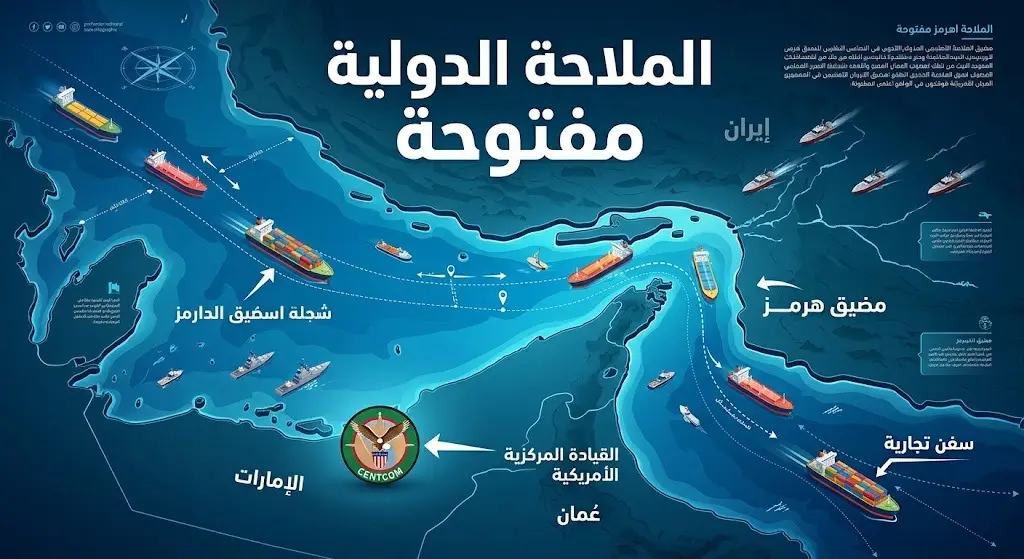 إنفوجرافيك وتصميم ثلاثي الأبعاد يوضح خريطة مضيق هرمز مع سفن تجارية تعبر بأمان، مصحوباً بنصوص عربية دقيقة تؤكد استمرار وانفتاح حركة الملاحة الدولية وفقاً لتصريحات القيادة المركزية الأمريكية.
