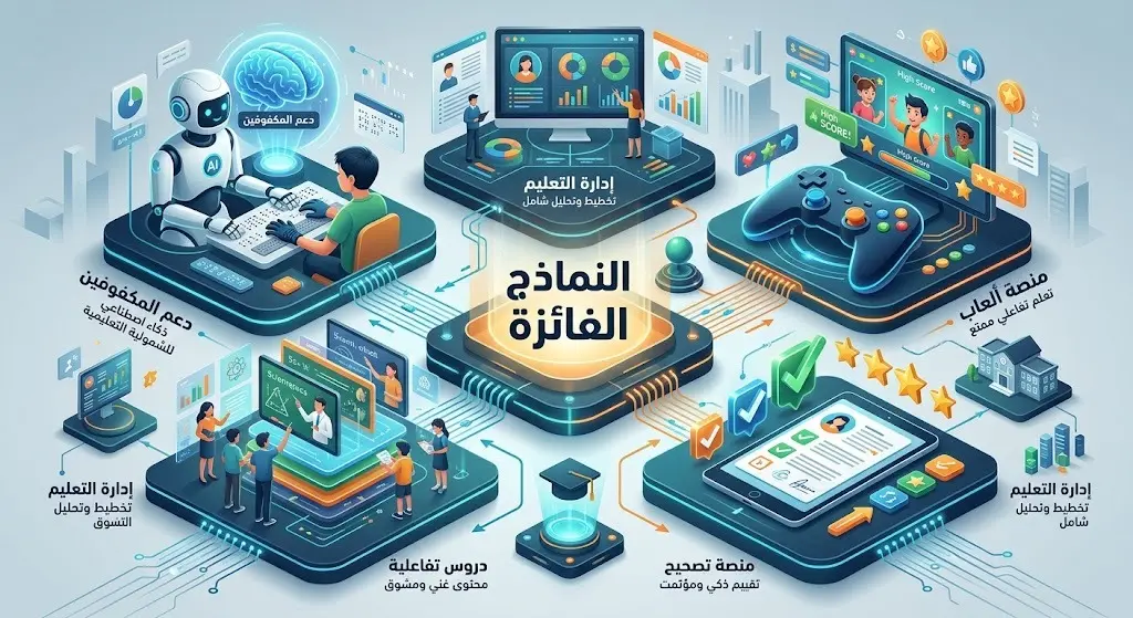 تصميم إبداعي يبرز النماذج الخمسة الفائزة في المنافسات، متضمناً النظام التفاعلي للمكفوفين ومنصات الألعاب والدروس التفاعلية، مع نصوص عربية توضيحية متقنة.