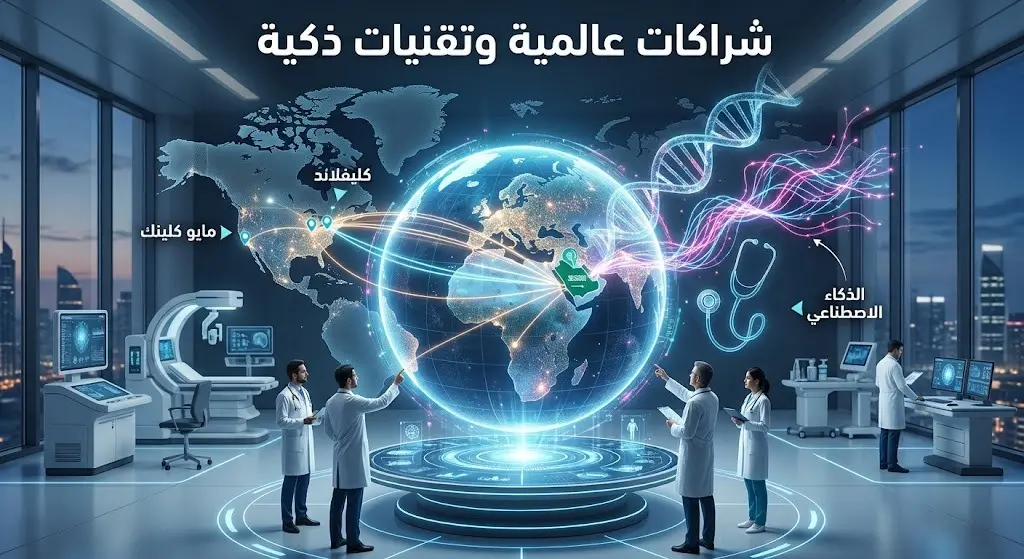 تصميم إبداعي يبرز شراكات كلية الطب بجامعة الأمير سلطان مع مؤسسات عالمية مثل مايو كلينك وكليفلاند كلينك، وتوظيفها لتقنيات الذكاء الاصطناعي.
