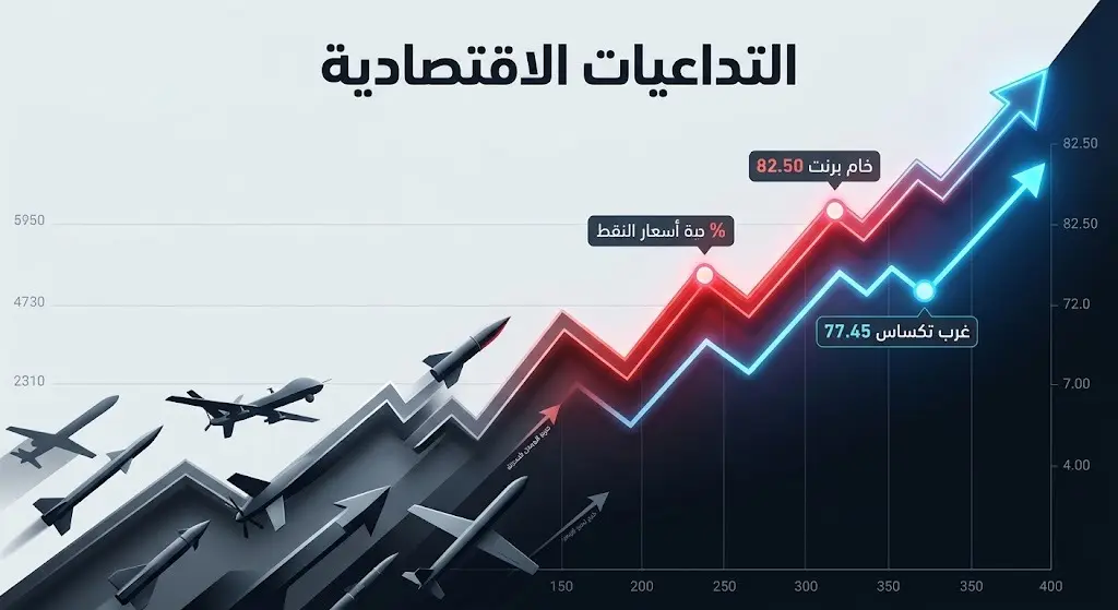 إنفوجرافيك إبداعي يدمج بين تصاعد الهجمات العسكرية ومؤشرات مالية صاعدة تبرز قفزة أسعار خام برنت وغرب تكساس.