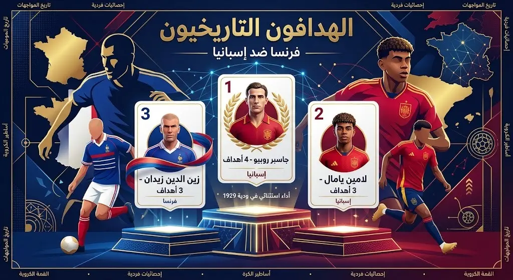 تصميم بصري يستعرض قائمة الهدافين التاريخيين في مباريات فرنسا وإسبانيا، يتصدرهم جاسبر روبيو وتليه أسماء بارزة مثل لامين يامال وزيدان.