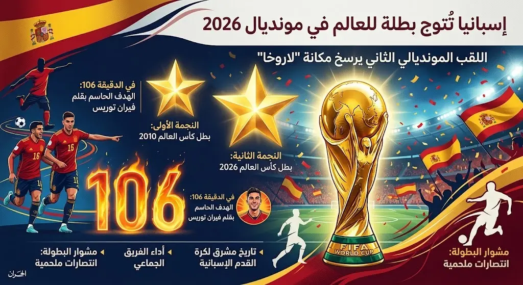 تصميم إبداعي يبرز تتويج إسبانيا بالنجمة المونديالية الثانية بعد الهدف الحاسم في الدقيقة 106